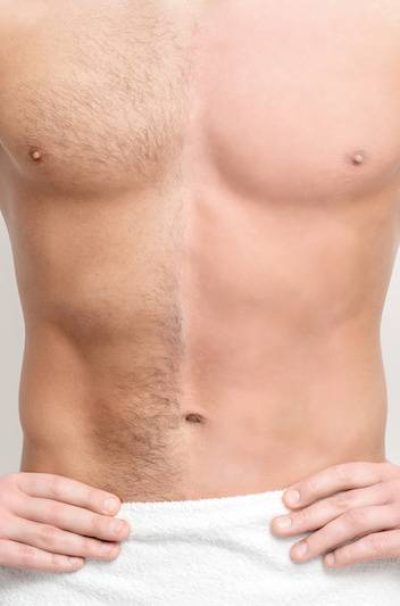 Young caucasian man with bare chested before and after waxing his hair stands on white background